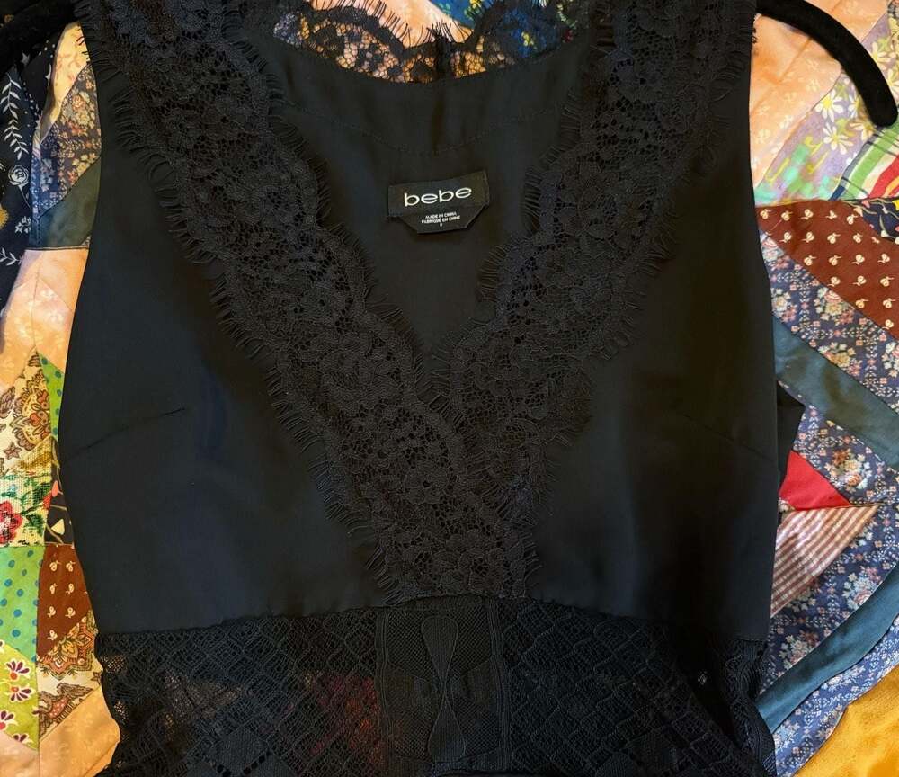 Vintage Y2K Bebe Black Lace Peplum Top Eyelash Fringe Size Small - Picture 8 of 11